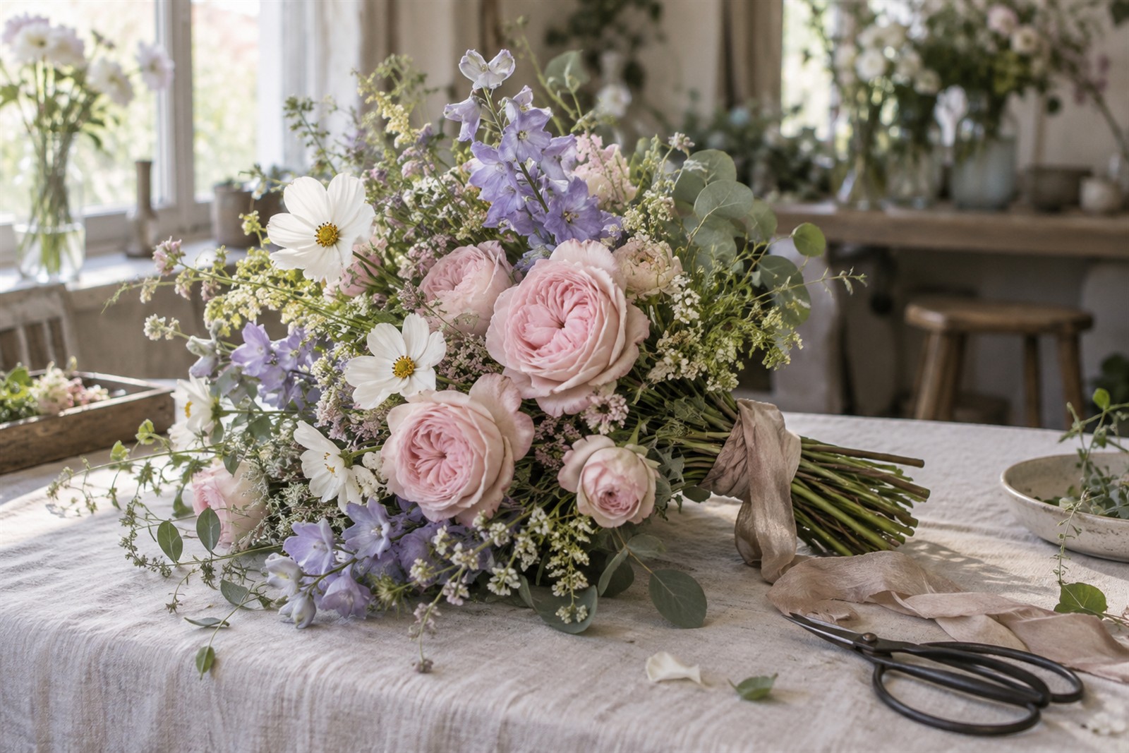 Concept image of a hand-tied blush and lavender bridal bouquet