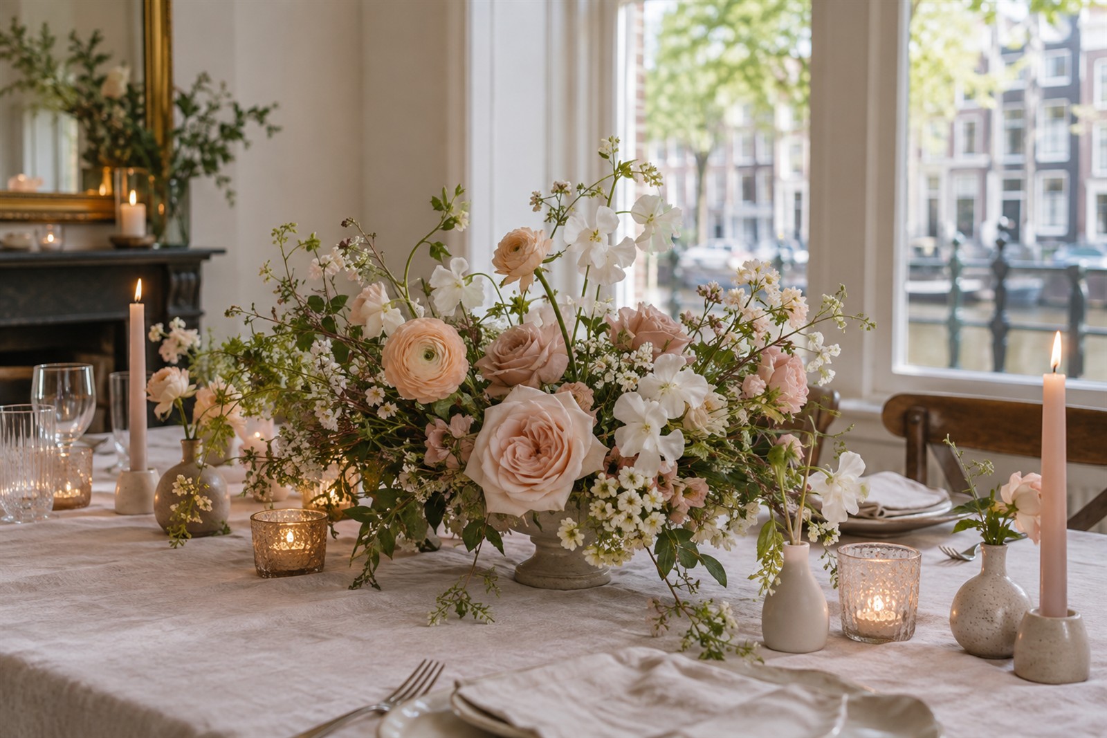 Concept image of an intimate floral tablescape in Amsterdam