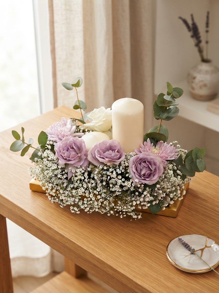Lavender, ivory and eucalyptus floral centrepiece with candles by Ava Floral Design