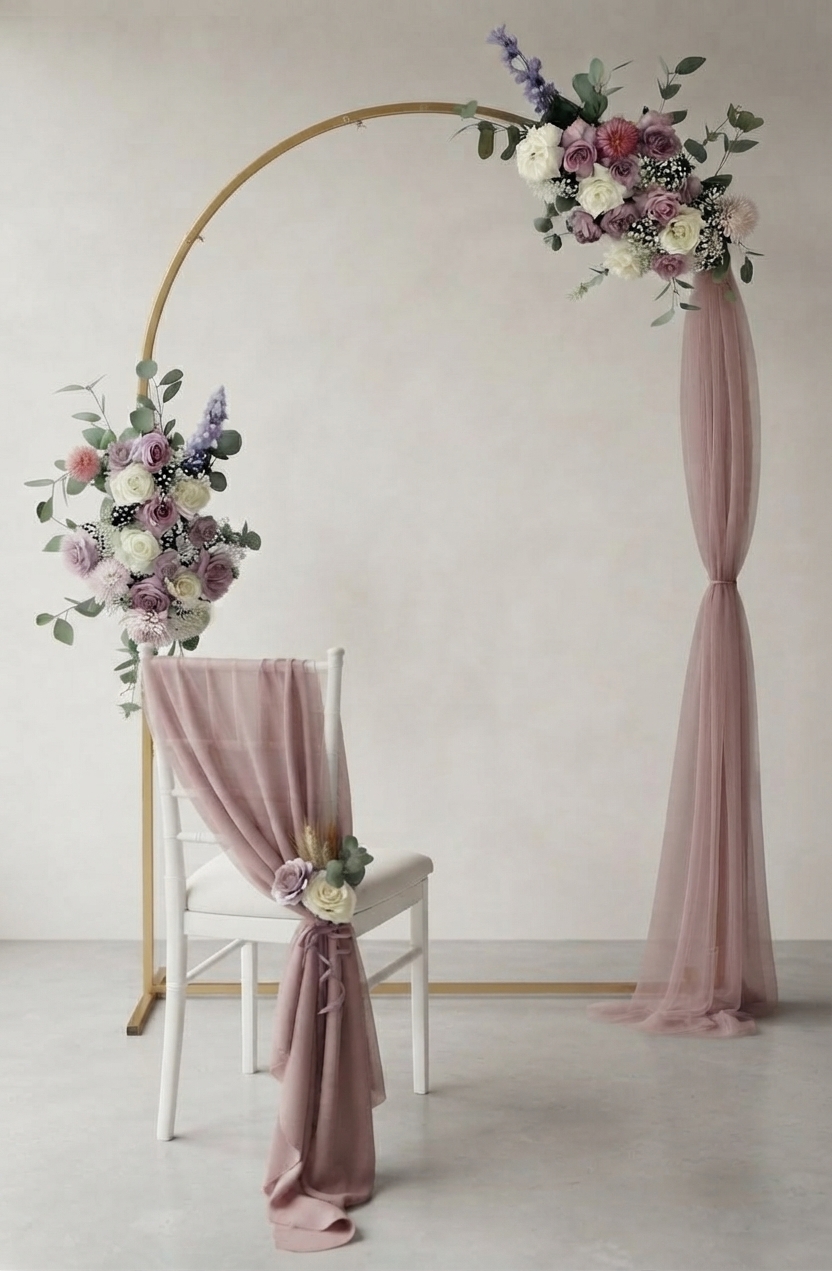 Ceremonieboog met zachtroze drapering en bloemen