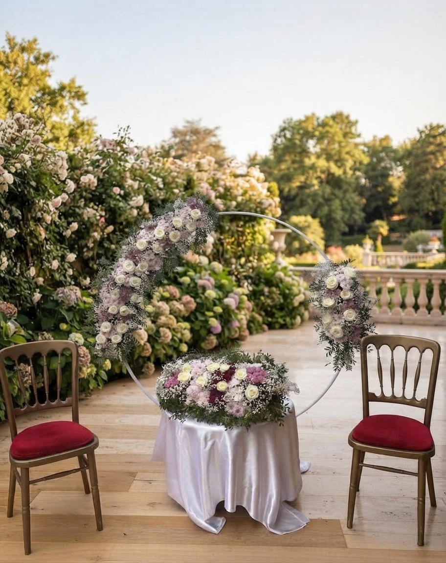 Circular ceremony flower installation in white, pink and lavender by Ava Floral Design