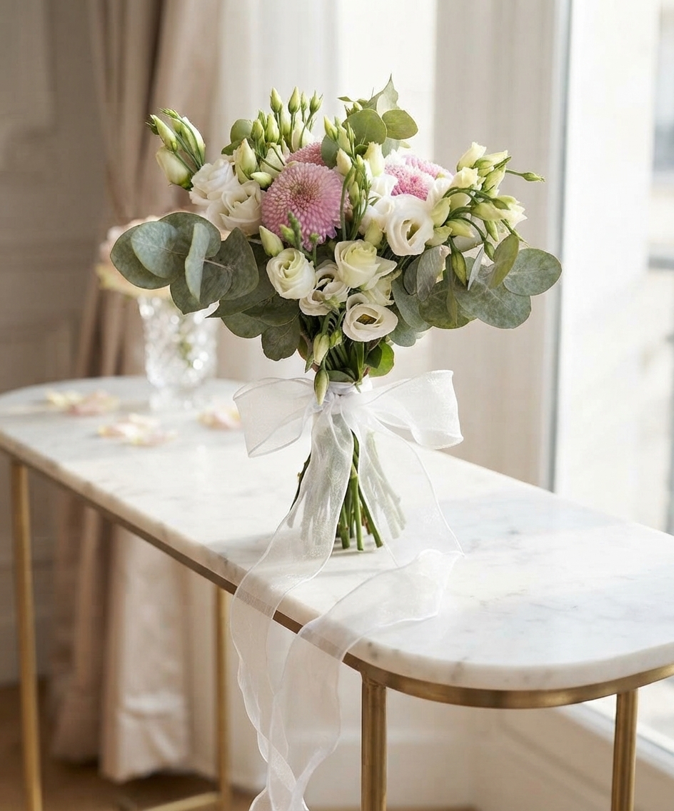 Hand-tied bridal bouquet with white and soft pink flowers