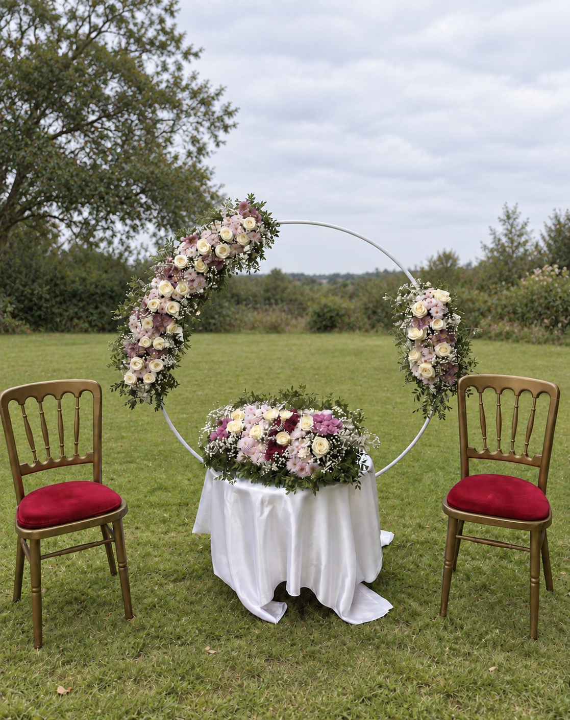 Buitenceremonie met een ronde bloemeninstallatie van Ava Floral Design