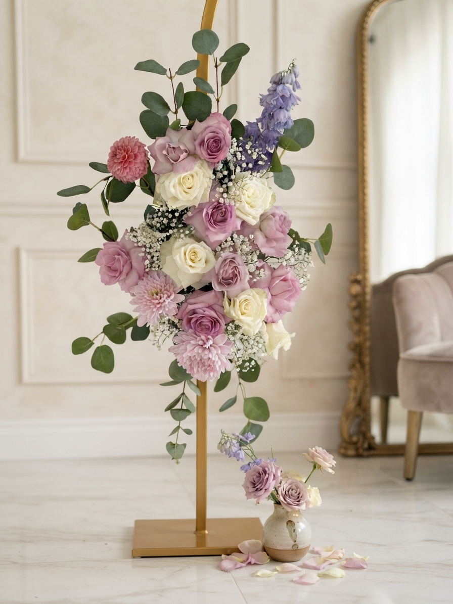 Pink, lavender and ivory standing floral arrangement by Ava Floral Design