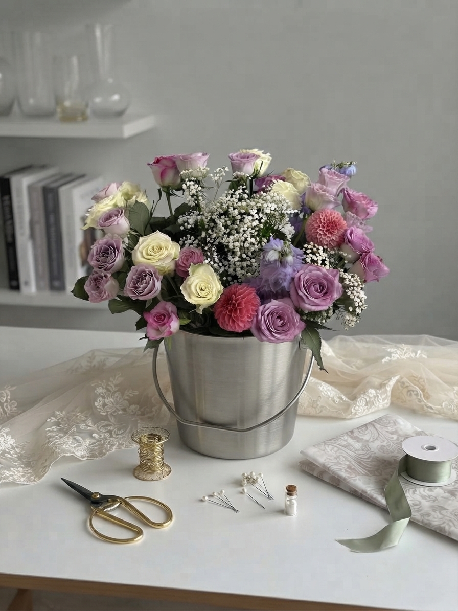 Garden-style arrangement beside scissors, thread and floristry tools in Ava’s studio